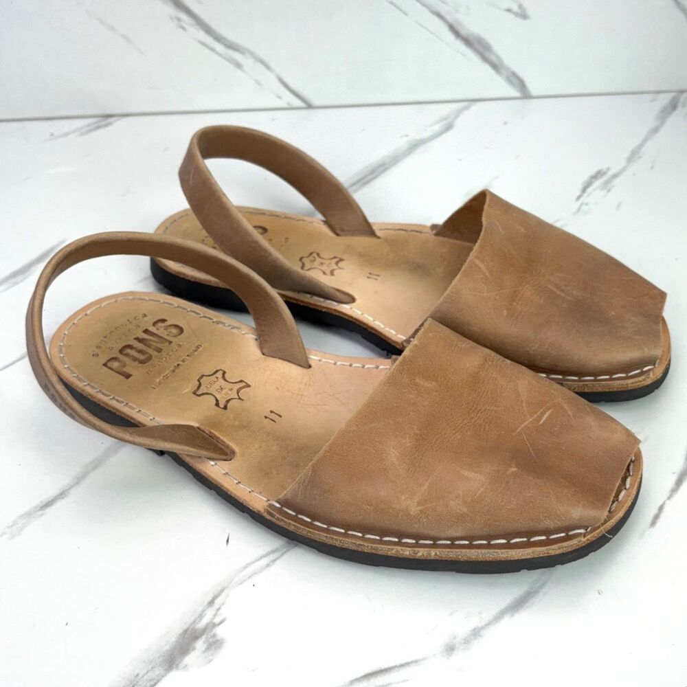 Women's 11 / 44 Pons Classic Style Tan Leather Avarca Sandals Slingback Spanish